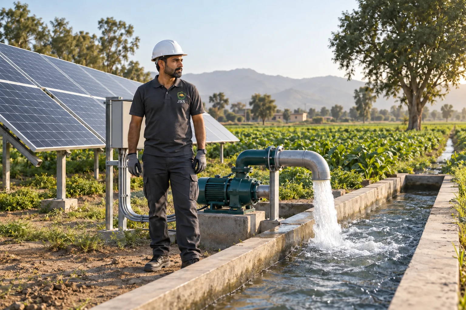 AI-generated JSS worker illustrating Agricultural Solar Installation