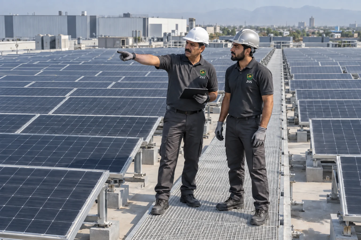 AI-generated JSS uniformed worker illustrating solar system installation (commercial & residential)