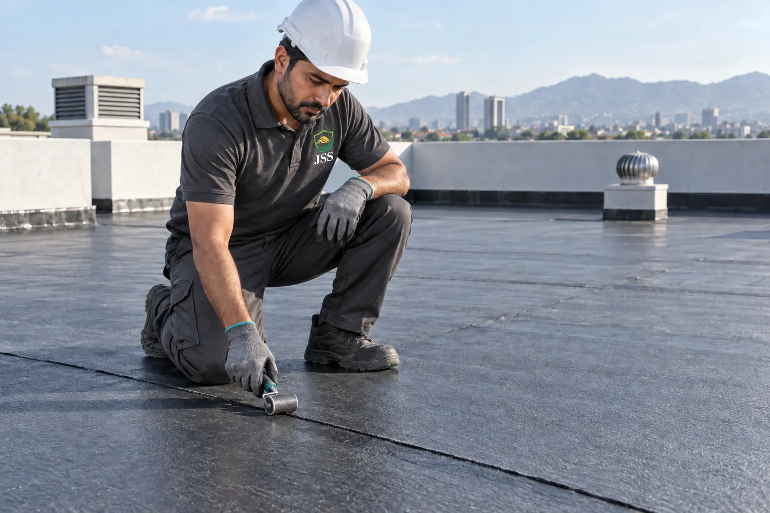 AI-generated JSS uniformed worker illustrating water proofing