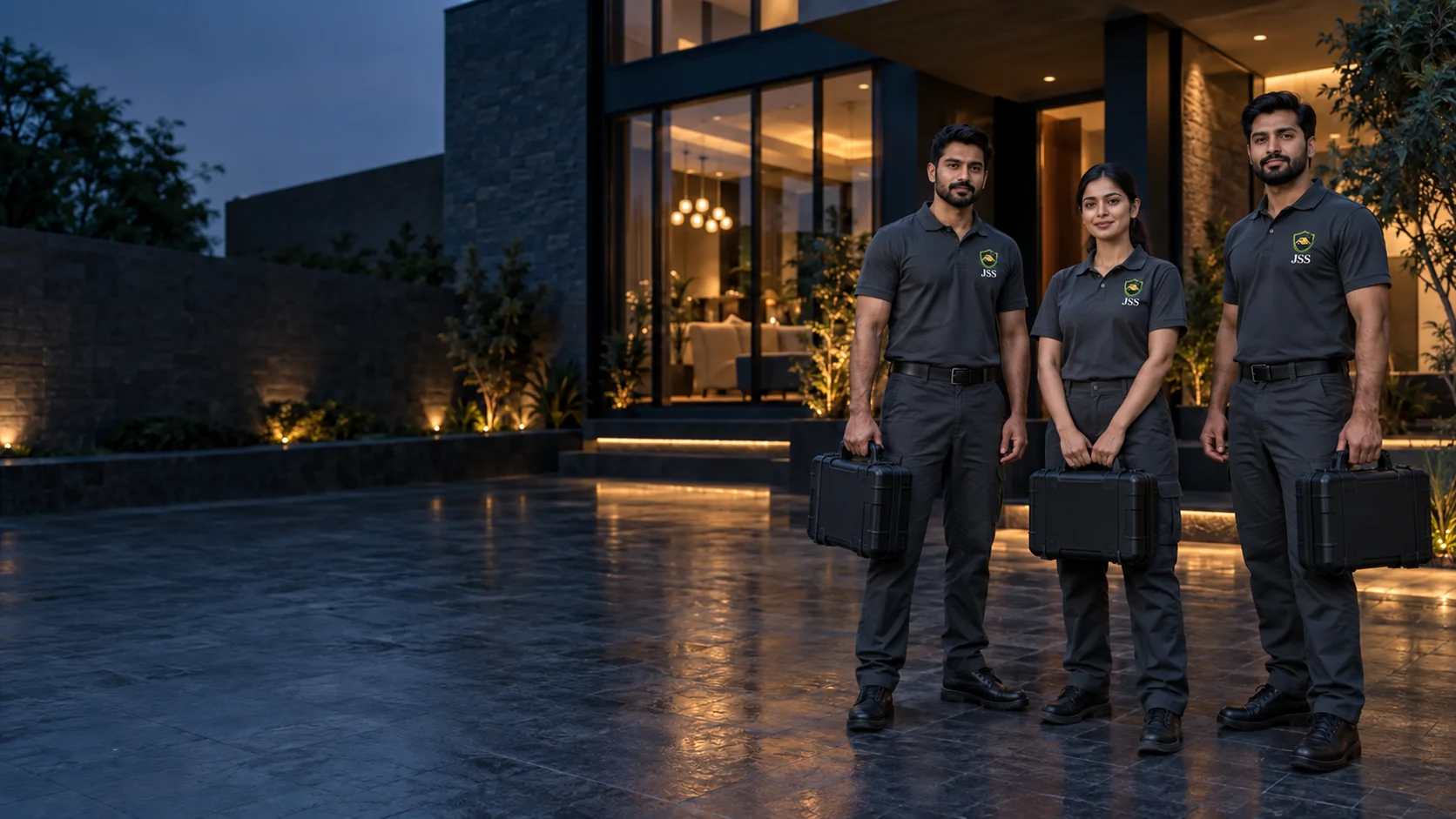 AI-generated JSS uniformed team outside a contemporary home at dusk