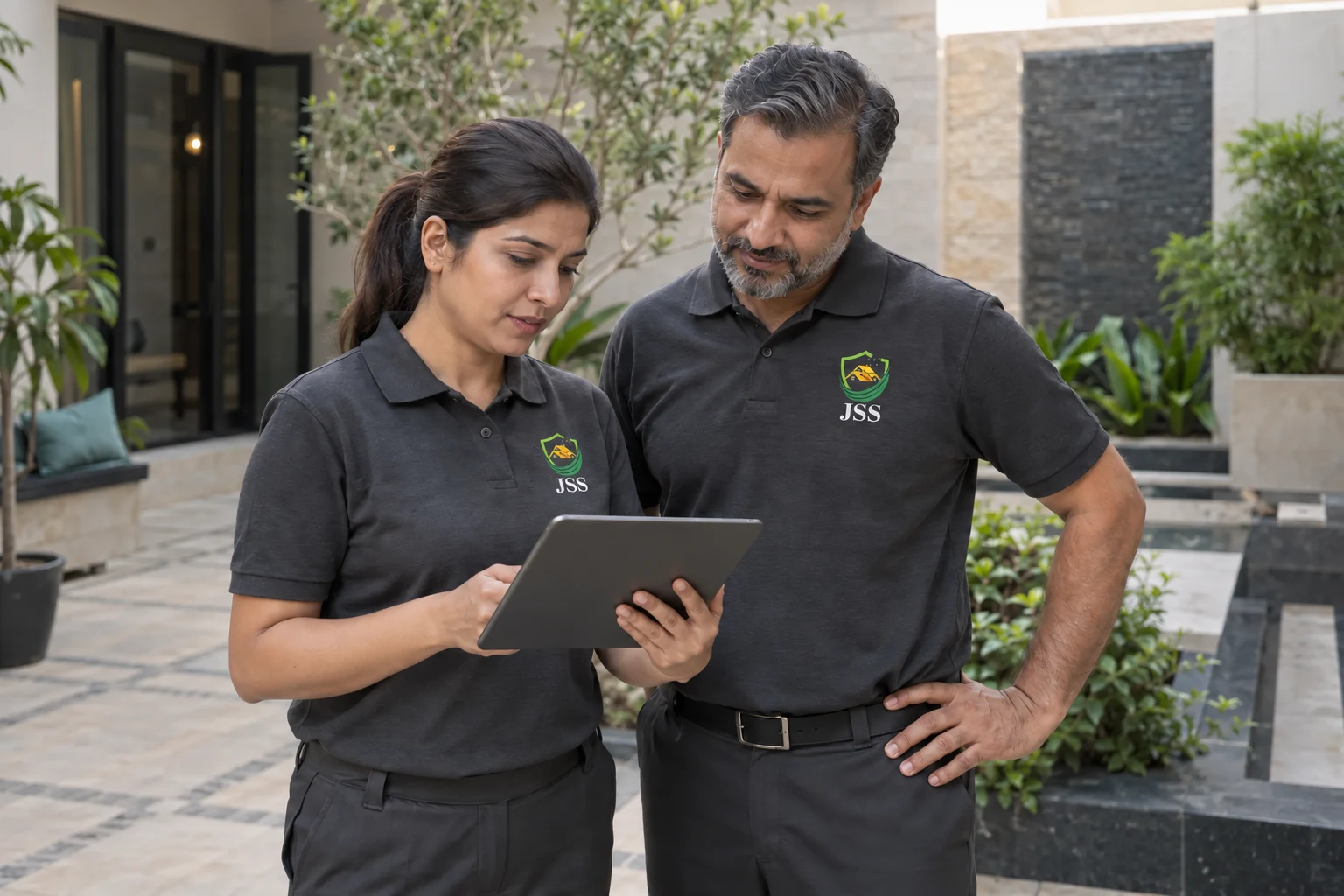 AI-generated JSS workers reviewing an inspection on a tablet
