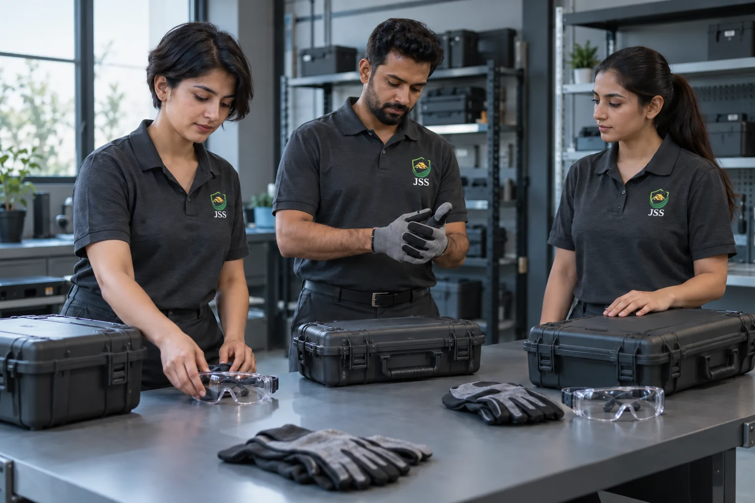 AI-generated JSS team preparing equipment and protective gear
